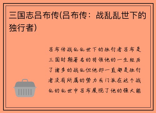 三国志吕布传(吕布传：战乱乱世下的独行者)